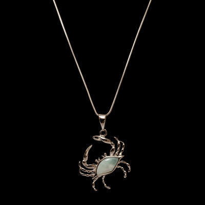 rhodium over sterling silver blue larimar crab pendant necklace