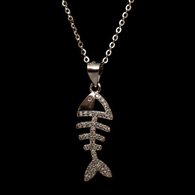 sterling silver fishbone pendant necklace with cubic zirconia