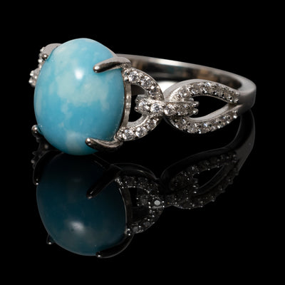 rhodium over sterling silver blue larimar cabochon with cubic zirconia ring, in sizes 6, 7, 8, 9