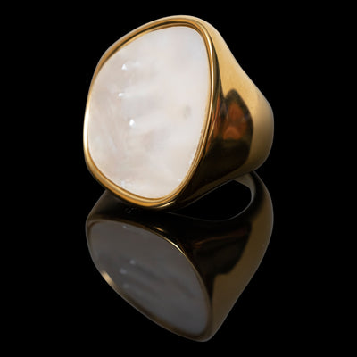 yellow gold over stainless steel ring with genuine mother of pearl inlay.