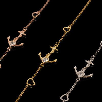 Rose gold, yellow gold, Sterling Silver Anchor bracelet, with heart charms and cubic zirconia