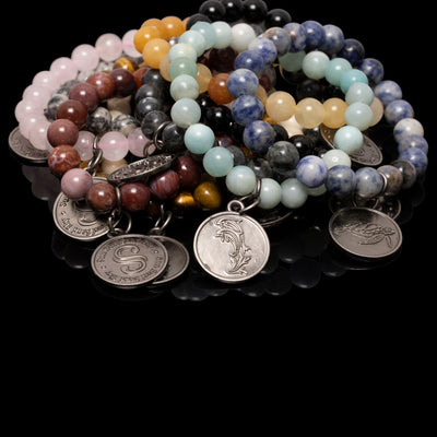 Beach Yoga bracelet series with 8mm gemstone beads, ten varieties, with marine life tags, either dolphin or sea turtle, stretch